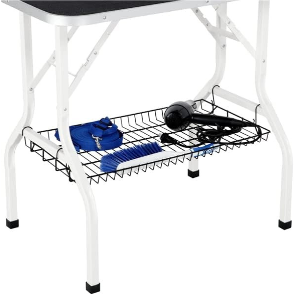 Folding Dog Grooming Table Adjustable Arm 2 Straps Storage Basket Large Non Slip Surface 220lbs Capacity