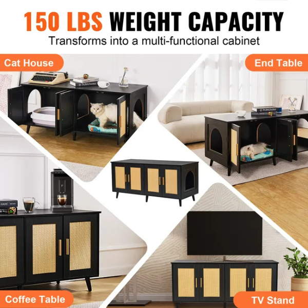 Wooden Cat Litter Box Cabinet for 2 Cats Black Rattan Decor Covered Litter Box Furniture