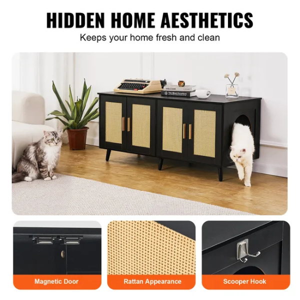 Wooden Cat Litter Box Cabinet for 2 Cats Black Rattan Decor Covered Litter Box Furniture