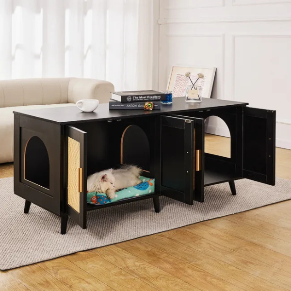 Wooden Cat Litter Box Cabinet for 2 Cats Black Rattan Decor Covered Litter Box Furniture