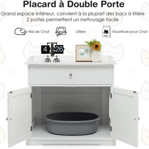 Cat Litter Box Enclosure Furniture with Drawer and 2 Doors Hidden Cat Toilet Cabinet