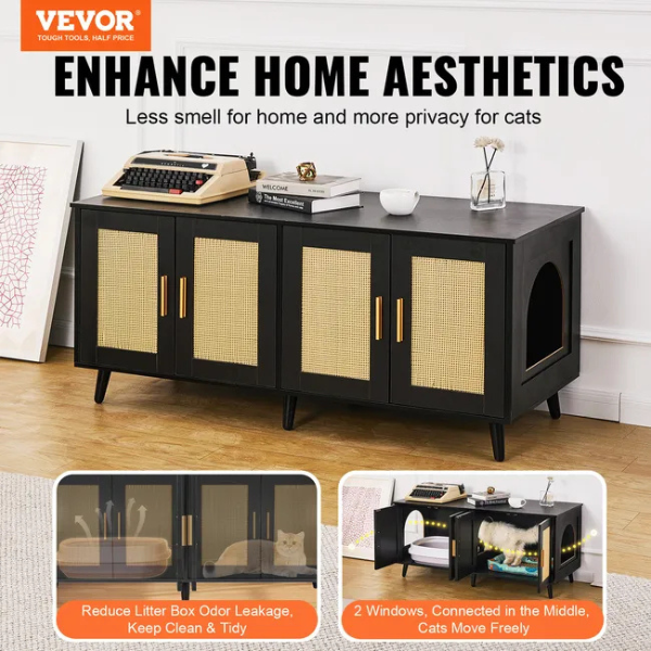 Wooden Cat Litter Box Cabinet for 2 Cats Black Rattan Decor Covered Litter Box Furniture