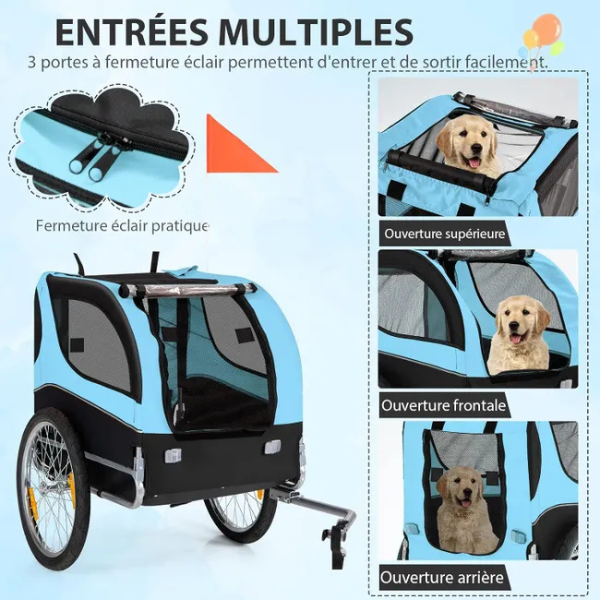 Foldable Dog Bike Trailer Pet Carrier Oxford Canvas with Flag 8 Reflectors Max Load 88 lbs