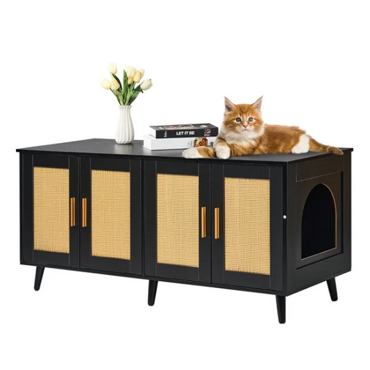Wooden Cat Litter Box Cabinet for 2 Cats Black Rattan Decor Covered Litter Box Furniture
