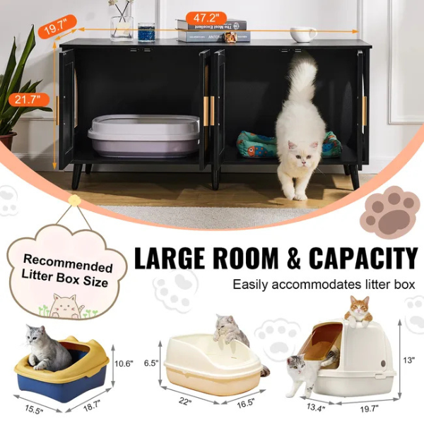Wooden Cat Litter Box Cabinet for 2 Cats Black Rattan Decor Covered Litter Box Furniture