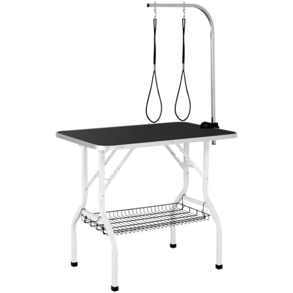 Folding Dog Grooming Table Adjustable Arm 2 Straps Storage Basket Large Non Slip Surface 220lbs Capacity