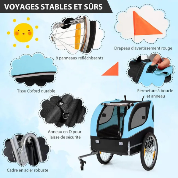 Foldable Dog Bike Trailer Pet Carrier Oxford Canvas with Flag 8 Reflectors Max Load 88 lbs