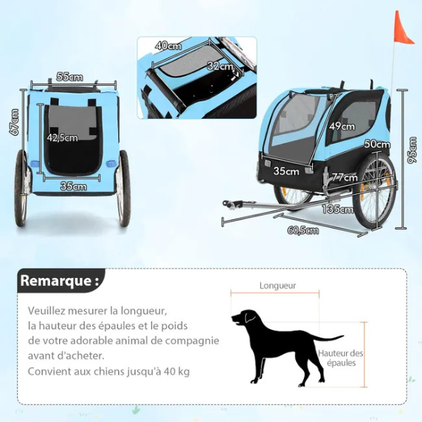 Foldable Dog Bike Trailer Pet Carrier Oxford Canvas with Flag 8 Reflectors Max Load 88 lbs