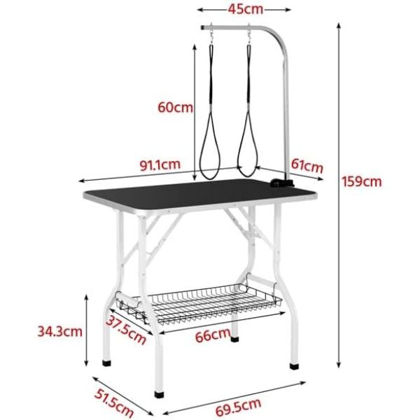 Folding Dog Grooming Table Adjustable Arm 2 Straps Storage Basket Large Non Slip Surface 220lbs Capacity