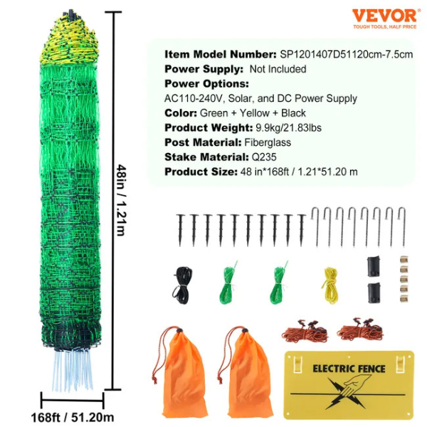 Electric Poultry Fence Kit 4ft x 168ft PE Mesh Netting with Posts and Double Pointed Stakes Portable Utility Chicken Fence Mesh