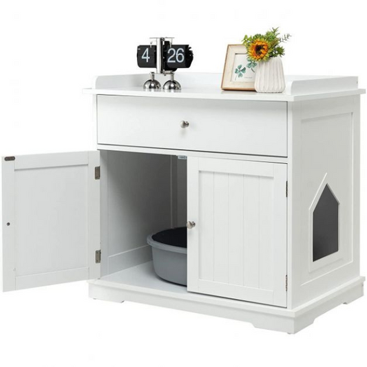 Cat Litter Box Enclosure Furniture with Drawer and 2 Doors Hidden Cat Toilet Cabinet