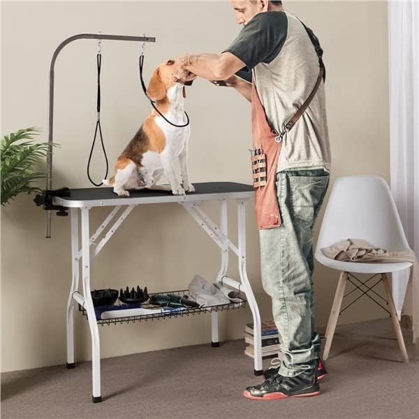Folding Dog Grooming Table Adjustable Arm 2 Straps Storage Basket Large Non Slip Surface 220lbs Capacity