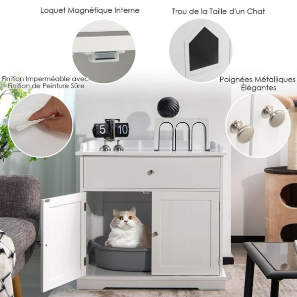 Cat Litter Box Enclosure Furniture with Drawer and 2 Doors Hidden Cat Toilet Cabinet