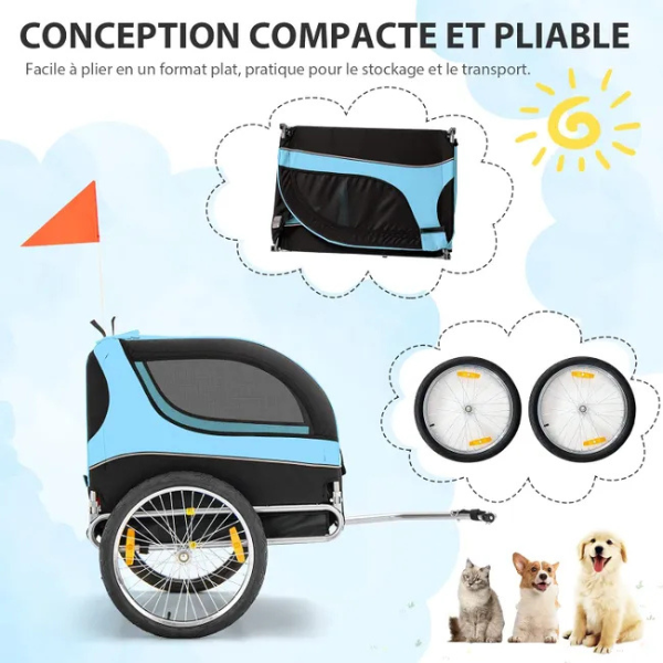 Foldable Dog Bike Trailer Pet Carrier Oxford Canvas with Flag 8 Reflectors Max Load 88 lbs