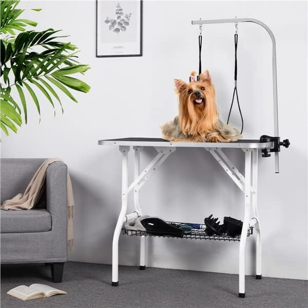 Folding Dog Grooming Table Adjustable Arm 2 Straps Storage Basket Large Non Slip Surface 220lbs Capacity