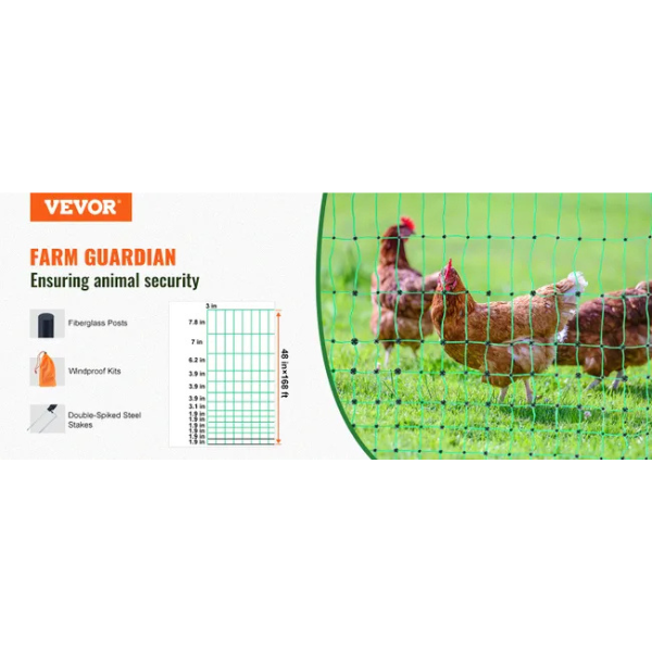 Electric Poultry Fence Kit 4ft x 168ft PE Mesh Netting with Posts and Double Pointed Stakes Portable Utility Chicken Fence Mesh