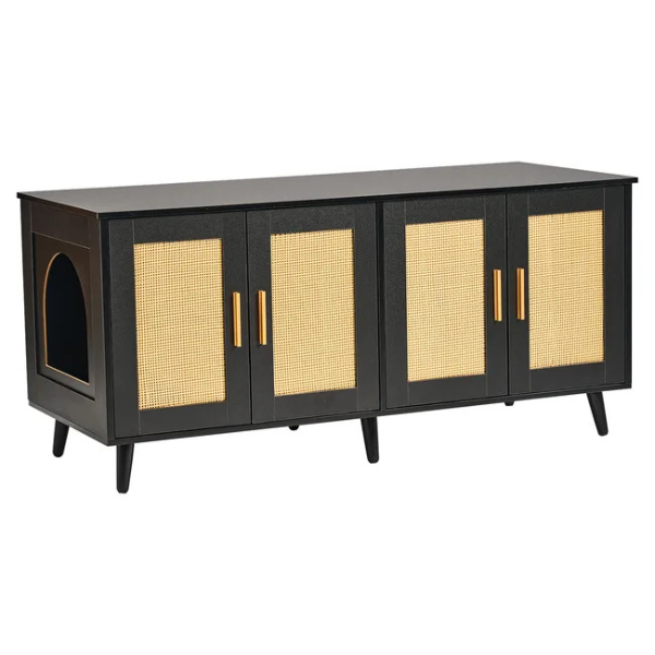 Wooden Cat Litter Box Cabinet for 2 Cats Black Rattan Decor Covered Litter Box Furniture