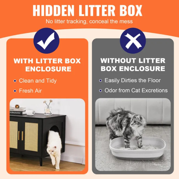 Wooden Cat Litter Box Cabinet for 2 Cats Black Rattan Decor Covered Litter Box Furniture