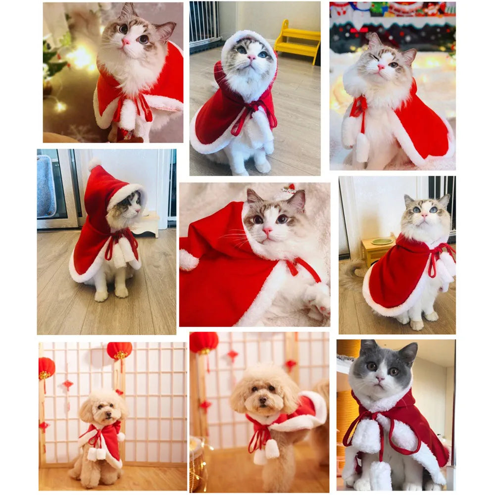 Christmas Santa Claus Cape Costume for Cats Pet Holiday Outfit