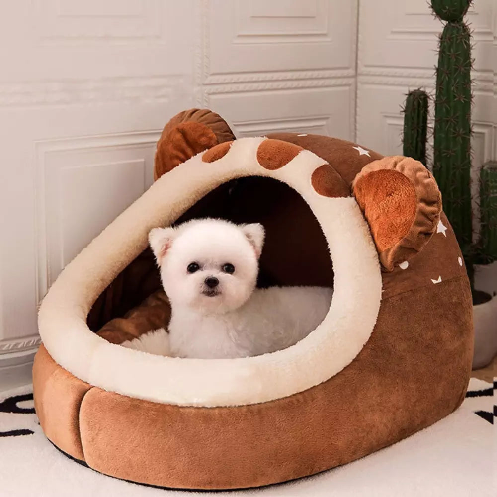 Bear Shaped Cat Bed Plush Soft Cozy Pet Cave for Cats