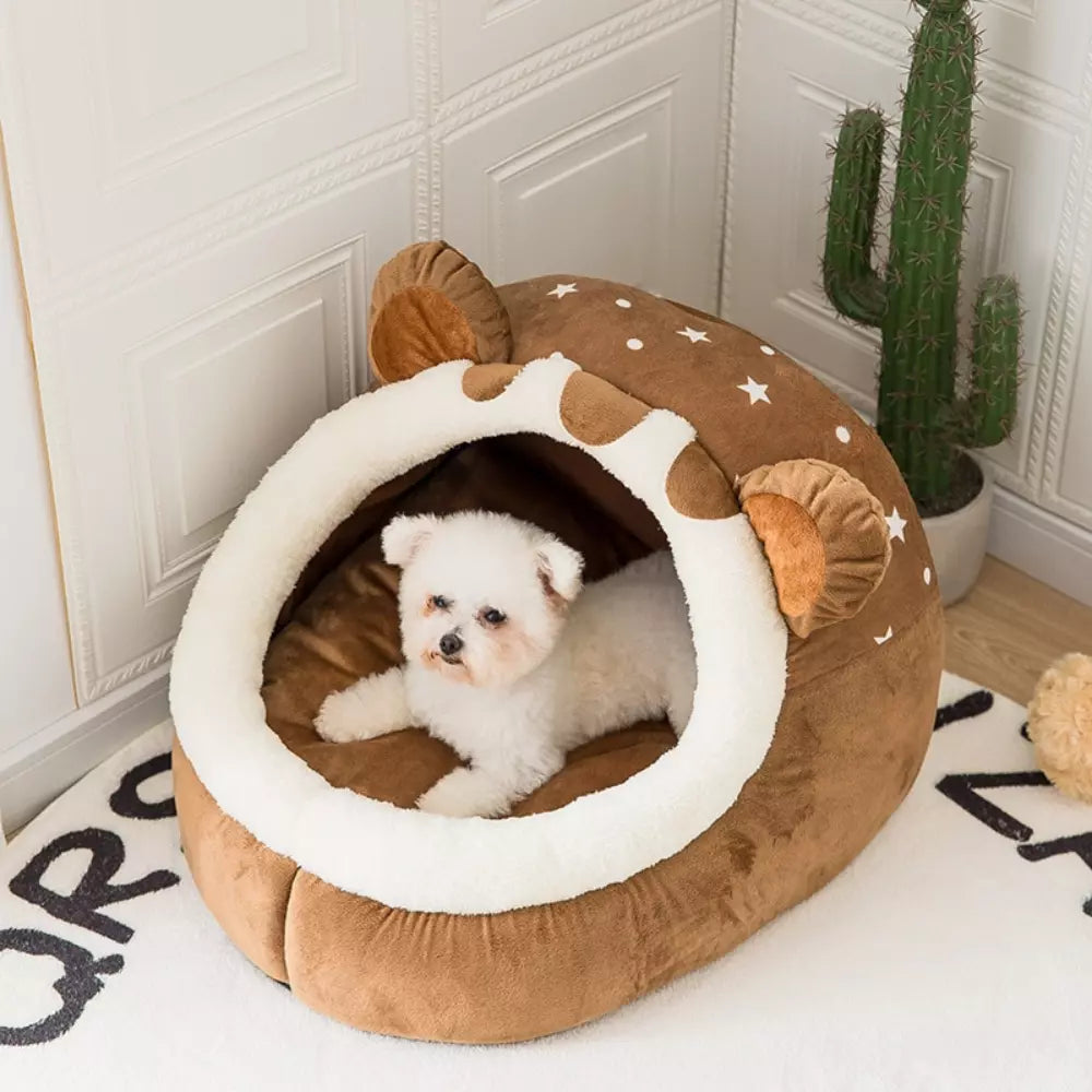 Bear Shaped Cat Bed Plush Soft Cozy Pet Cave for Cats