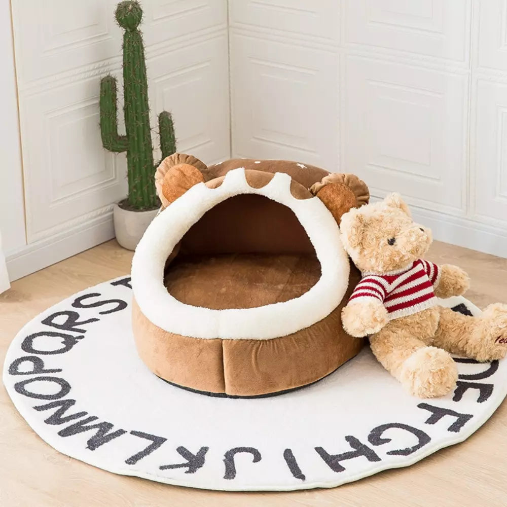 Bear Shaped Cat Bed Plush Soft Cozy Pet Cave for Cats