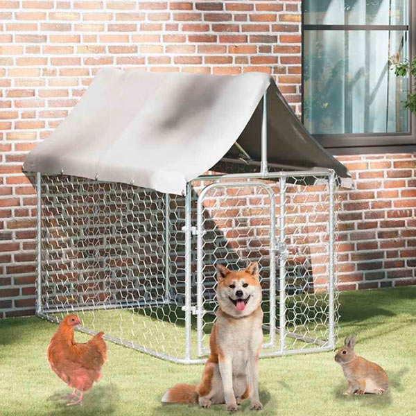 Outdoor Dog Kennel with Galvanized Steel Roof and Polyethylene Fabric 157x59x79 Inches
