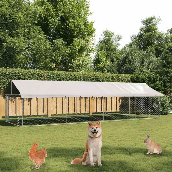 Outdoor Dog Kennel with Galvanized Steel Roof and Polyethylene Fabric 157x59x79 Inches