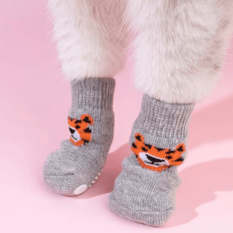 Dog Socks Gray Tiger Pattern Pet Paw Protectors
