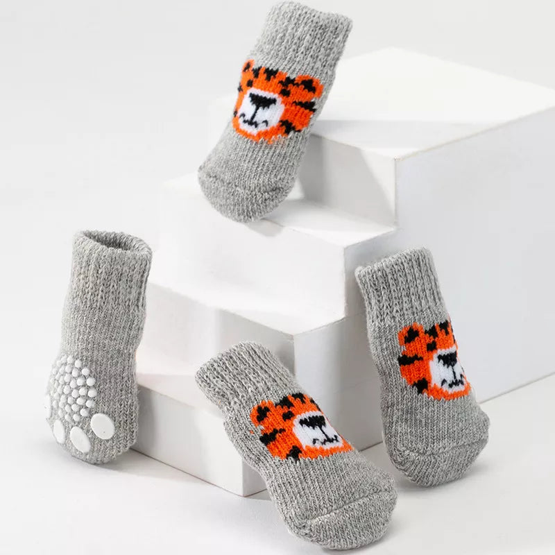 Dog Socks Gray Tiger Pattern Pet Paw Protectors