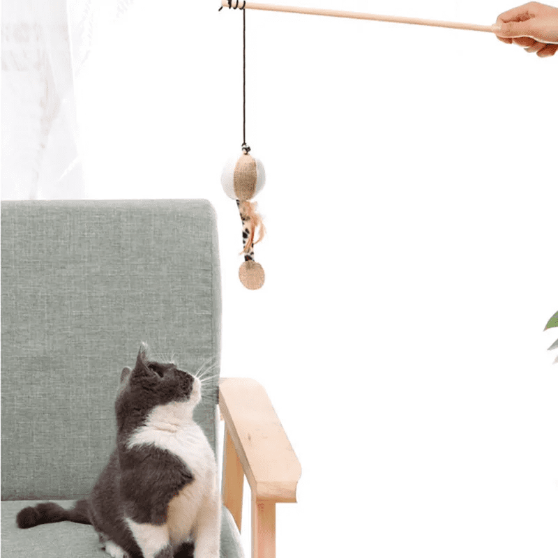 Wooden Cat Fishing Wand Toy Interactive Cat Teaser Wand for Cats